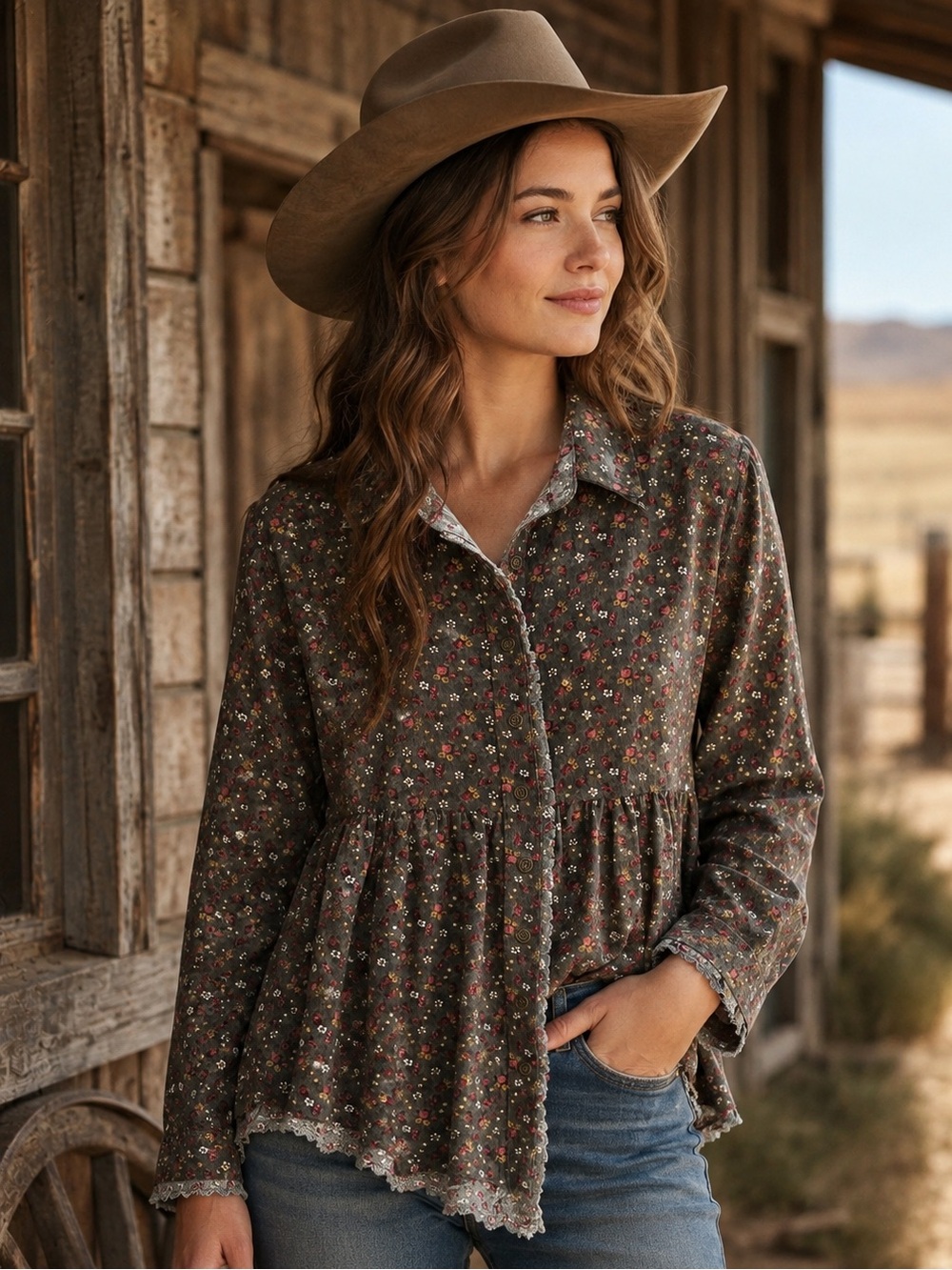 Umgee Floral Corduroy Tunic Top - Raw Edges- High Low - Button Front